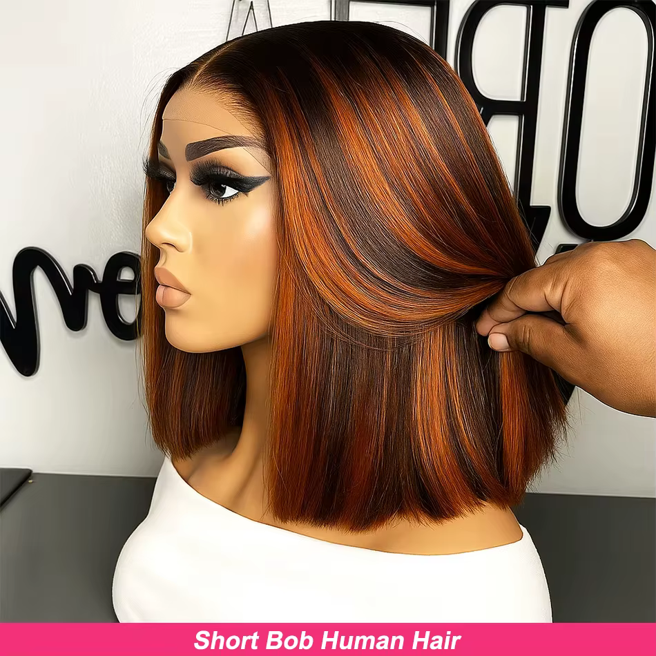 # 4/350 mettre en évidence gingembre brun court Bob perruque cheveux humains droite 13x4 HD Transpar