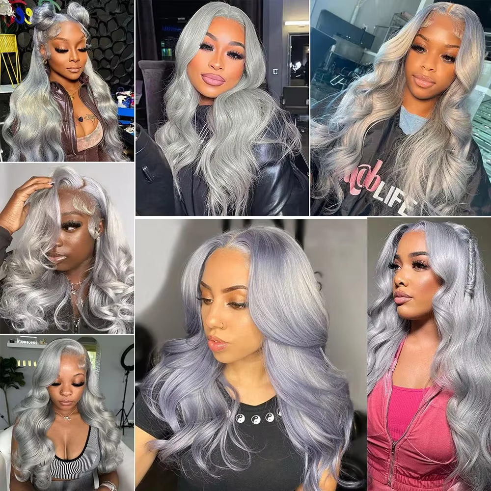 30 pouces 13x6 HD couleur gris argenté vague de corps dentelle avant perruques cheveux humains brési