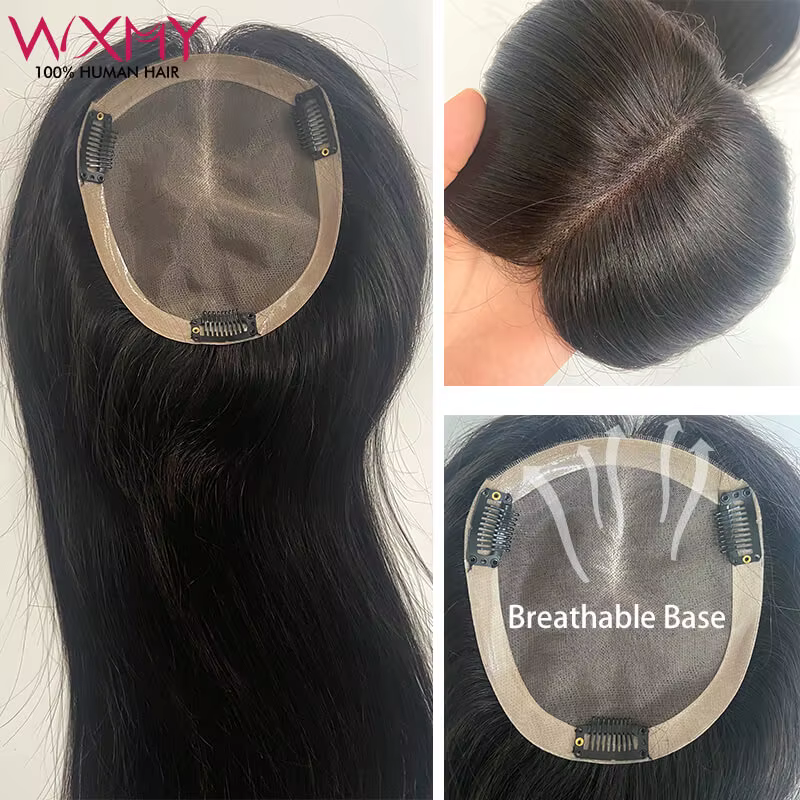 Fine Mono & Pu Base Topper avec 3 Clips pour Femme, Cheveux Humains Raides, Perruques Remy, Postiche