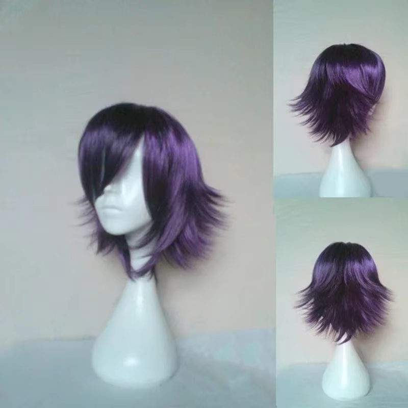 Perruque de Cosplay synthétique courte bouclée violette noire, perruque de Cosplay Anime en Fiber de
