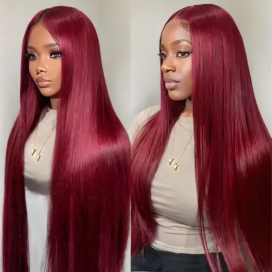 Perruques de cheveux humains lisses bordeaux 99J avec dentelle frontale 13x4 13x6 HD transparente, p