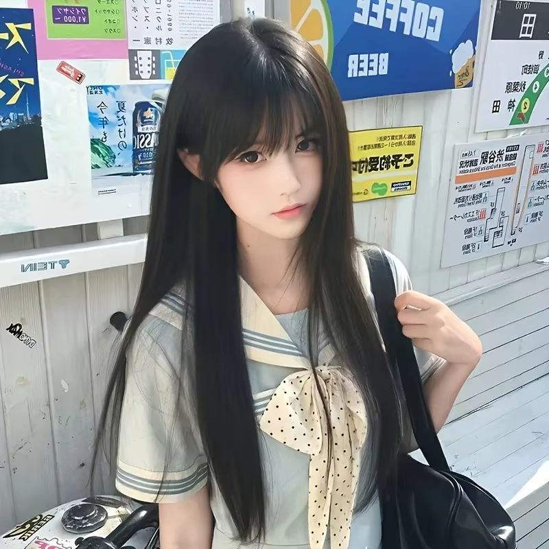 Perruque synthétique mode 26 pouces - cheveux longs et raides noirs - cheveux cosplay Halloween - pe