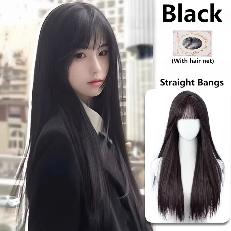 Perruque synthétique longue et lisse noire de 24 pouces avec frange pour femmes, couvre-tête complet