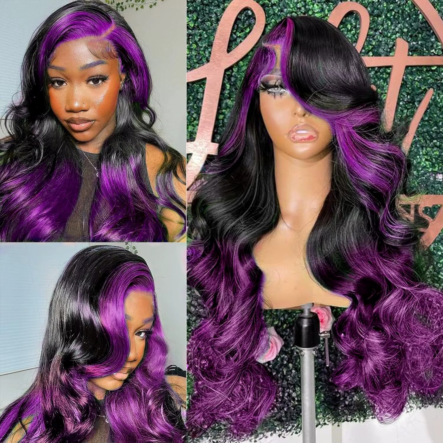 Perruques Lace Front Ombré Violet 13x4 à Rayures, Cheveux Humains Ondulés, Mèches Violet Foncé, Perr