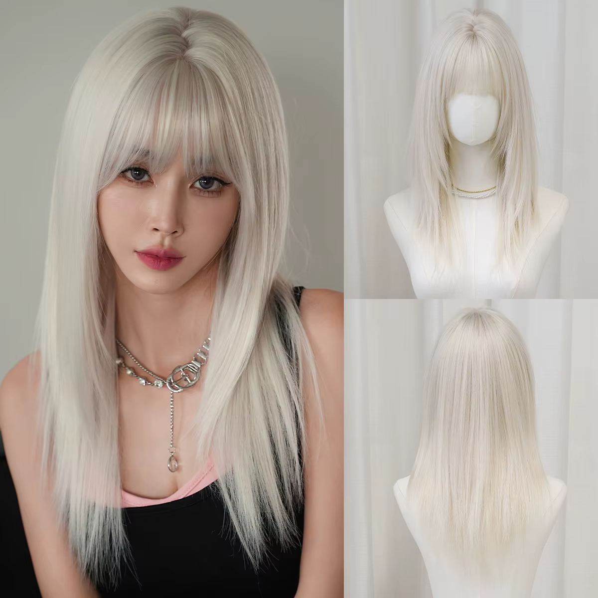 Perruque longue et droite blanche pour femme, synthétique haute qualité, résistante à la chaleur, st