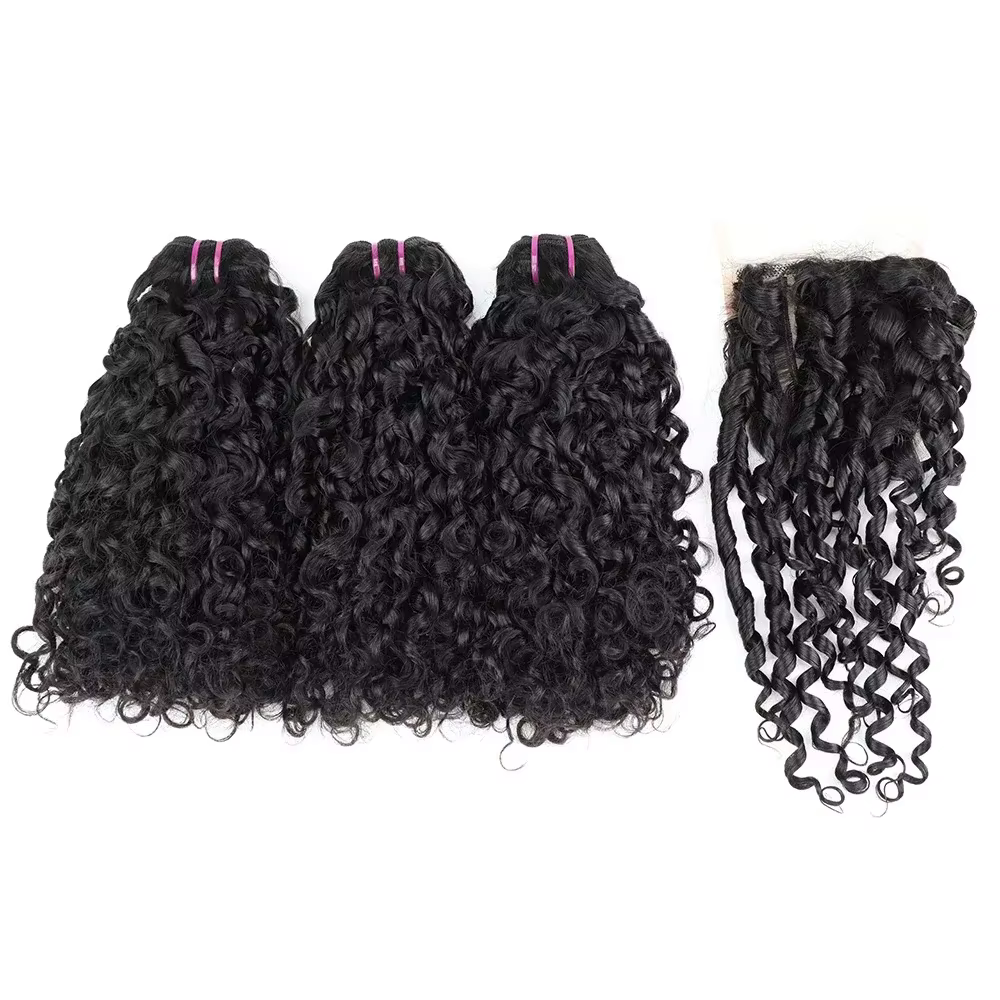 Pixie Curl cheveux paquets avec fermeture cheveux bouclés profonds cheveux bruts brésiliens tissage 