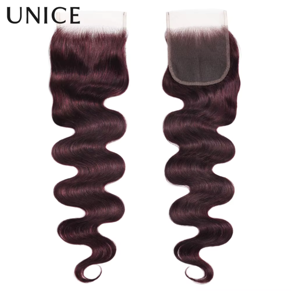 UNice noir cerise corps vague paquets 2/3/4 pièces avec 1 PC 4x4 pouces dentelle fermeture pré color