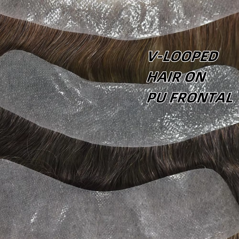 Perruque frontale pour hommes; Postiche frontale en PU pour hommes, cheveux humains haute densité, a