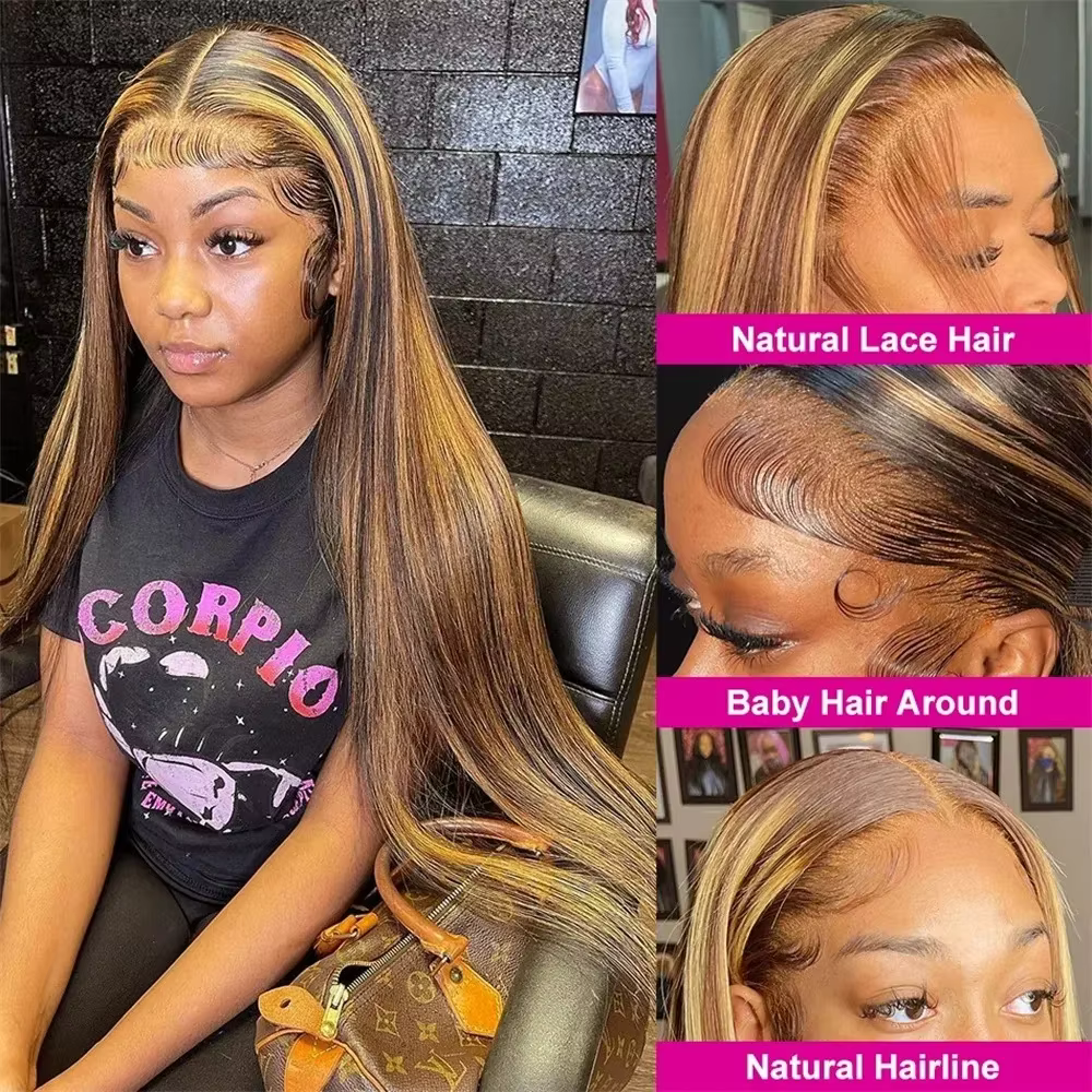 Perruque Lace Frontal Wig brésilienne naturelle, cheveux lisses, à reflets P4/27, 13x6 Hd, 30 36 pou