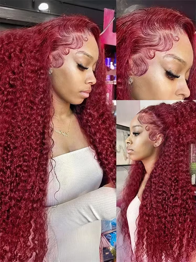 Perruque Lace Front Wig Naturelle Bouclée, Cheveux Humains, Couleur Rouge Bordeaux 99J, 13x6, 13x4,