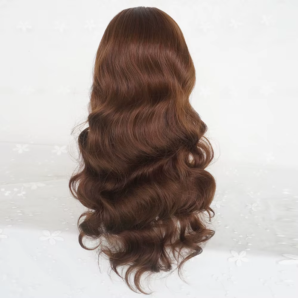 Perruque synthétique longue ondulée marron avec frange pour femmes, perruque de Cosplay Lolita moell