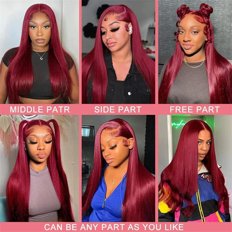 Perruque Lace Front HD 13x6 Rouge Bourgogne 99J sans colle, en cheveux humains vietnamiens Super Dou