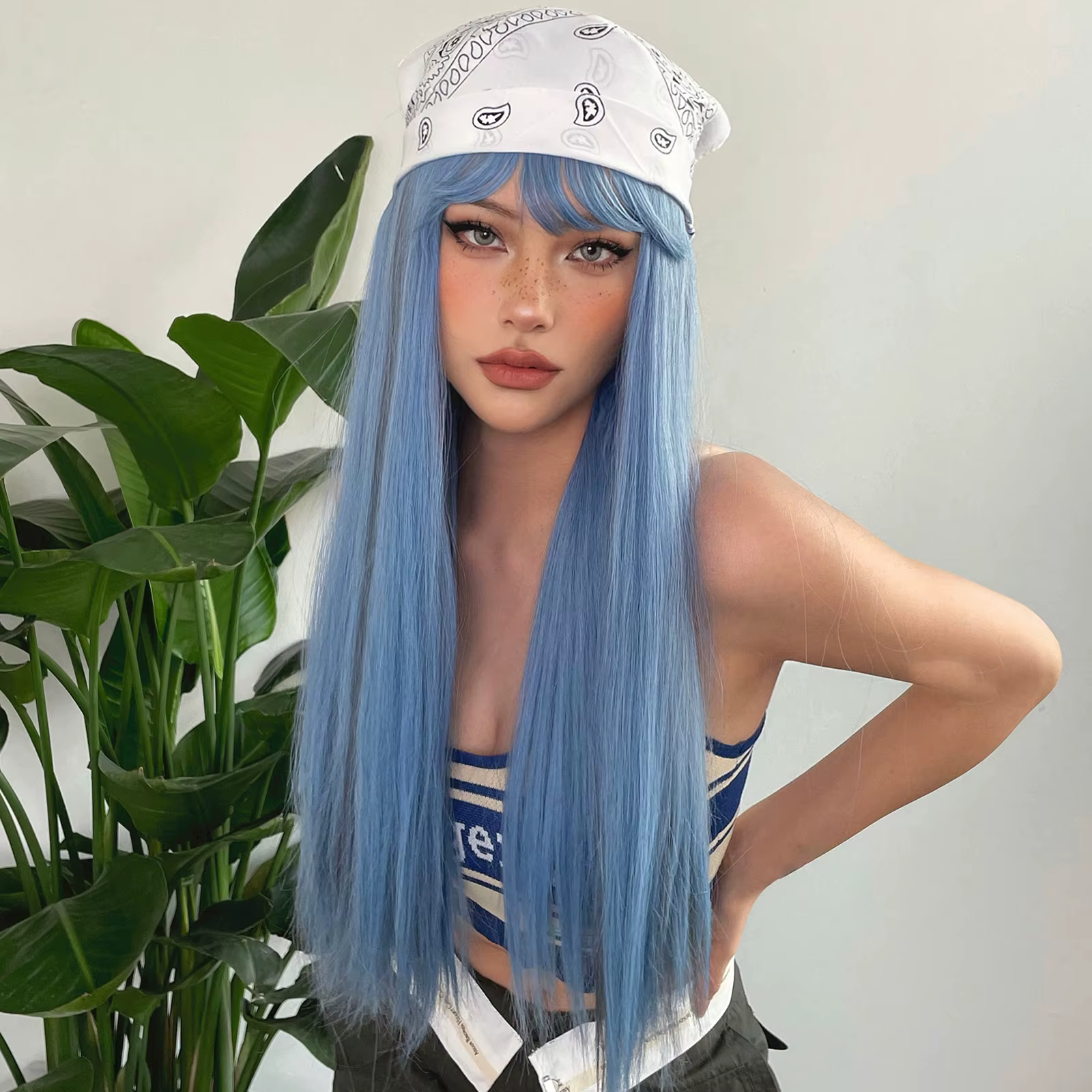 Perruques Synthétiques sulfDroites Bleues avec Reflets Gris avec Frange, Cheveux de Cosplay pour Fem