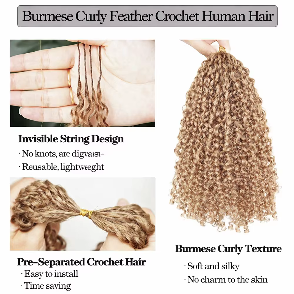 Cheveux humains bouclés birmans couleur blond miel pour crochet # 27 extensions de cheveux en croche