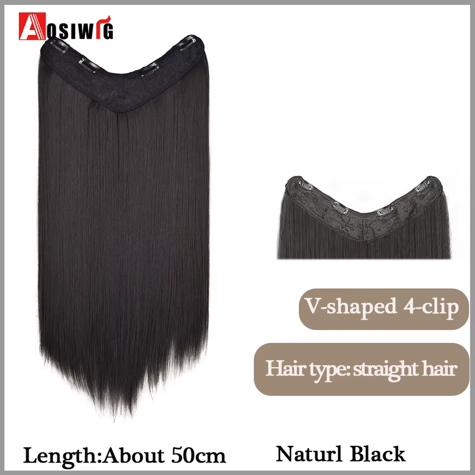 Extension de Cheveux Synthétiques Longs et Lisses en Forme de V, 4 Clips, Postiche Invisible, Augmen