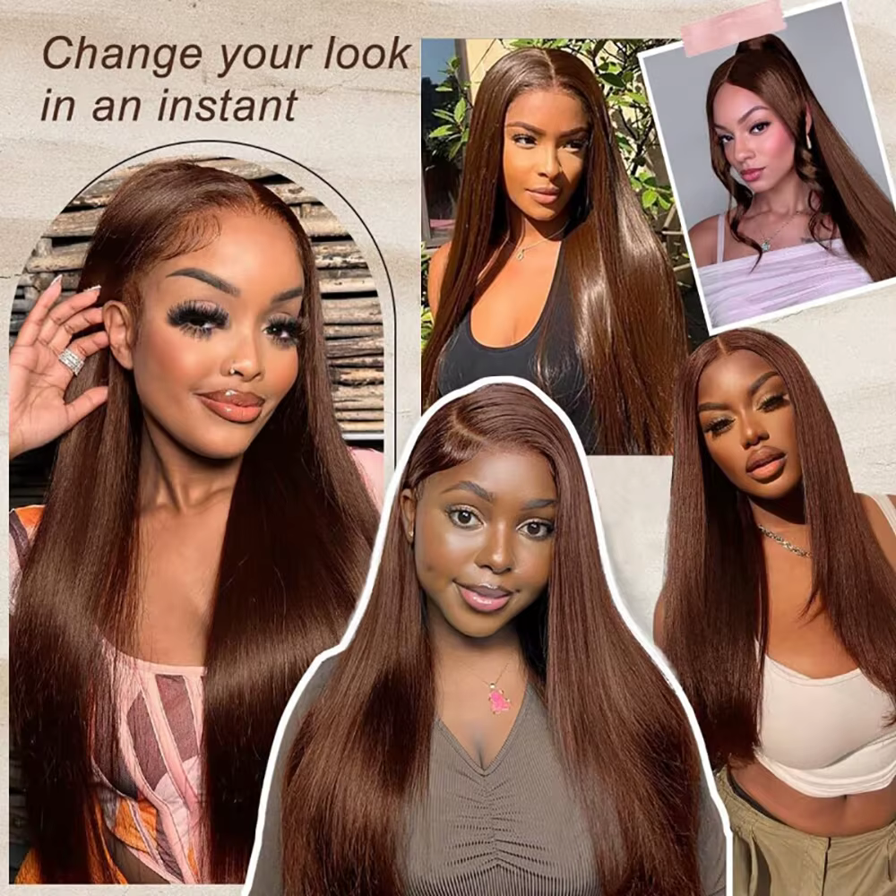 Perruque de cheveux humains lisses brun chocolat 46 pouces 13x6 Transparent HD dentelle frontale pré