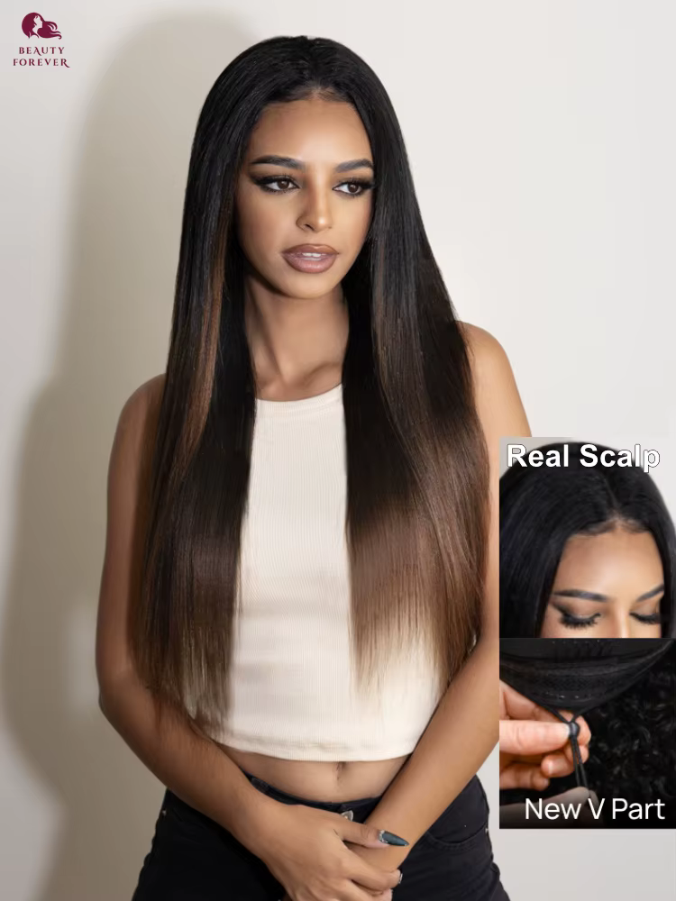 Beauté pour toujours EasiContour ™   Ombre brun V partie perruque cheveux humains mettre et aller Ya