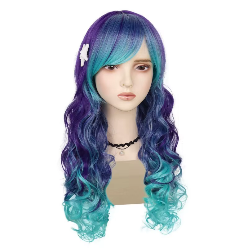 Perruque synthétique longue ondulée ombrée bleu-violet avec frange latérale et pince étoile de mer p
