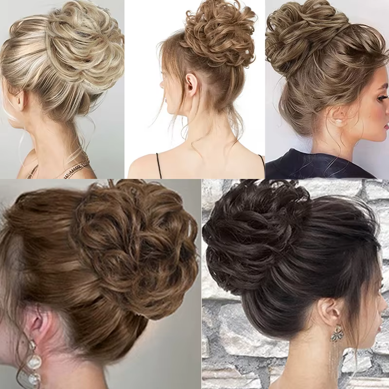 Chignon synthétique en désordre, Extension capillaire courte bouclée et moelleuse, bande élastique e