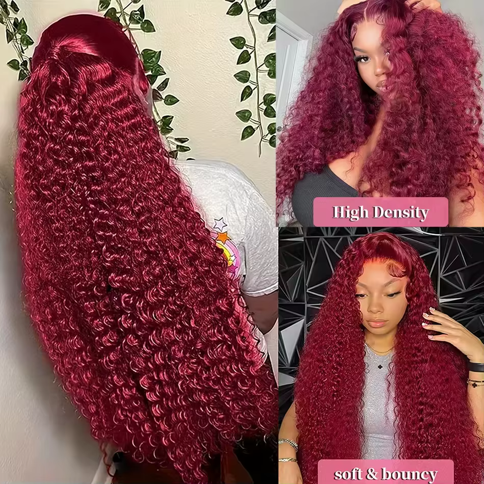Perruque frontale en dentelle HD 13x6 99J Deep Wave Bourgogne, Perruque en cheveux humains bouclés R