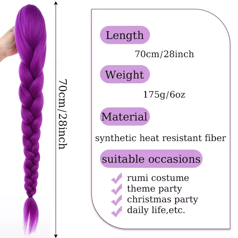 28 pouces cheveux synthétiques longs tressés violet cheveux Extensions de queue de cheval Rumi coiff