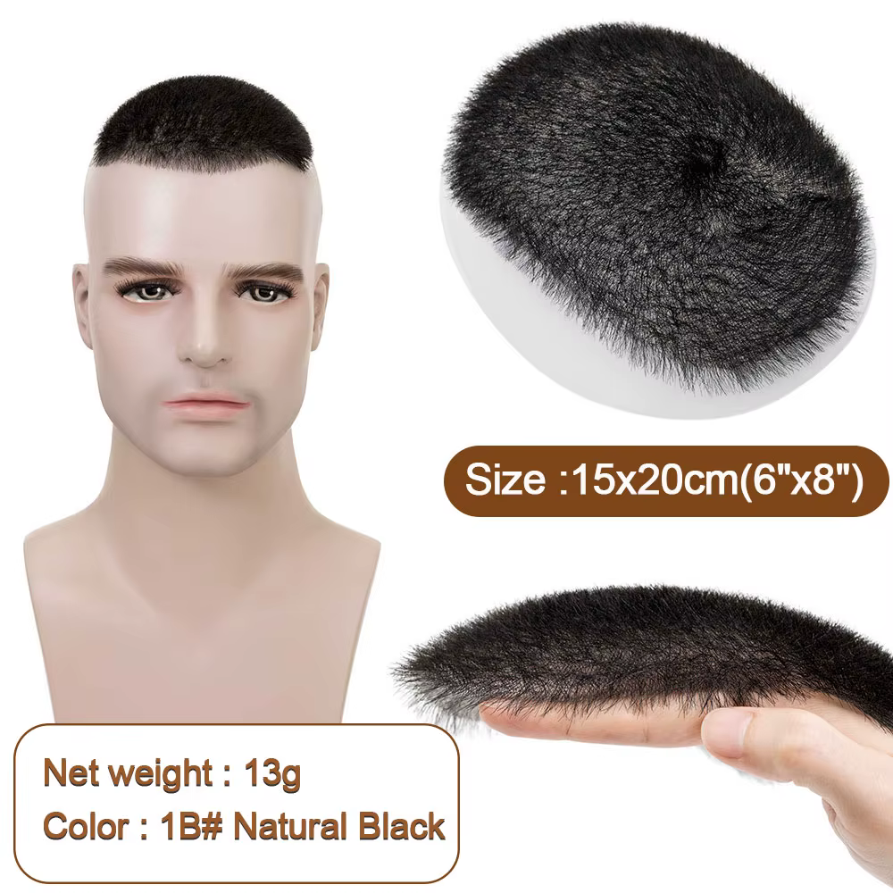 Toupet en PU ultra fin pour hommes, 100% cheveux humains, coupe buzz, dessus noir transparent, proth