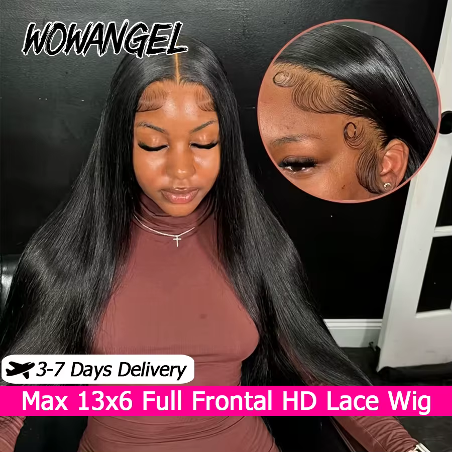 WOWANGEL Perruques lisses noires profondes 13x6 HD Lace Front, 100% cheveux humains, pré-épilées, sa