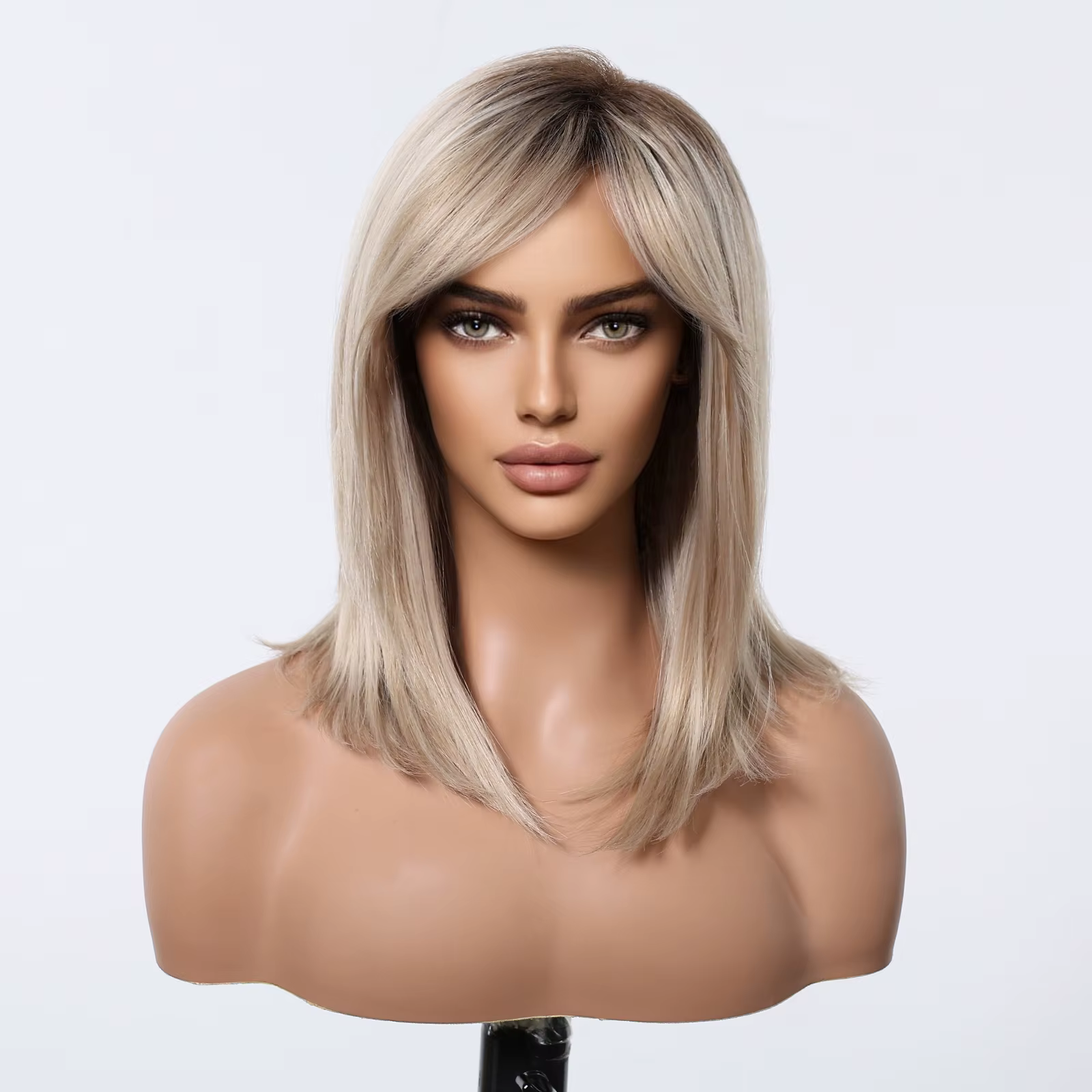 Perruques synthétiques lisses mixtes blondes platine, perruque mi-longue à racine foncée avec frange