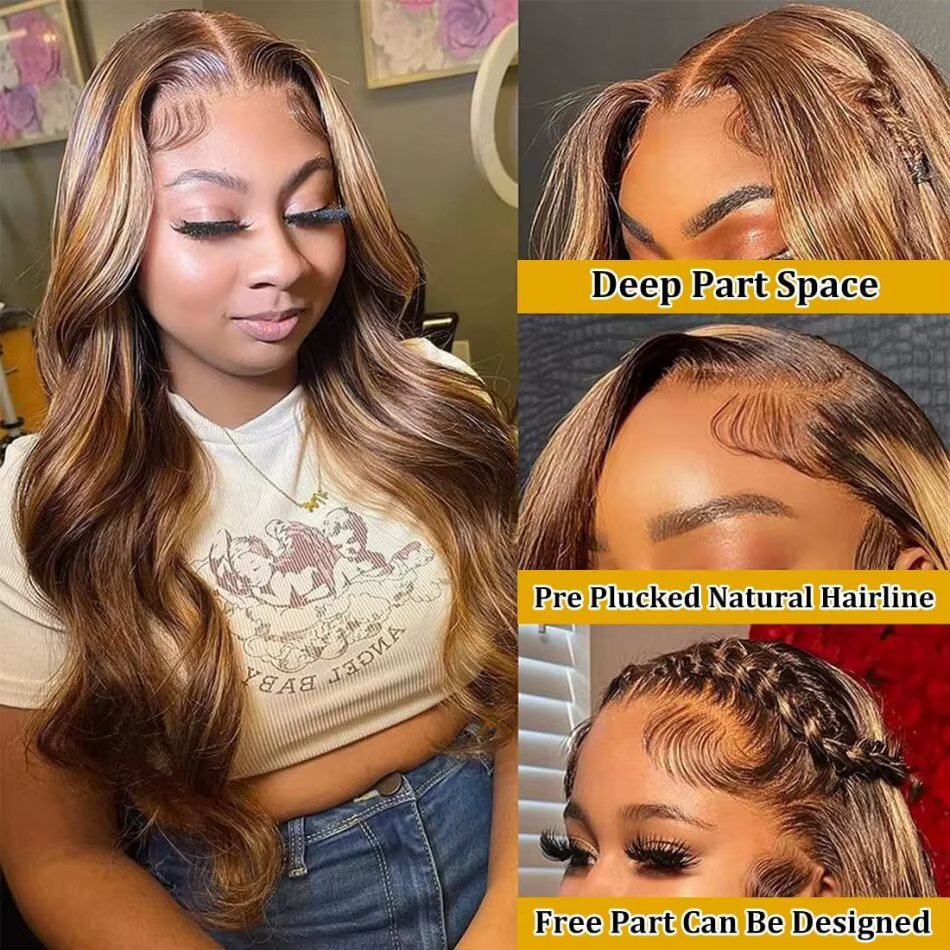 Perruques Ombrées Highlight Body Wave en Cheveux Humains, Perruque Frontale HD Lace 13x4 13x6, Densi