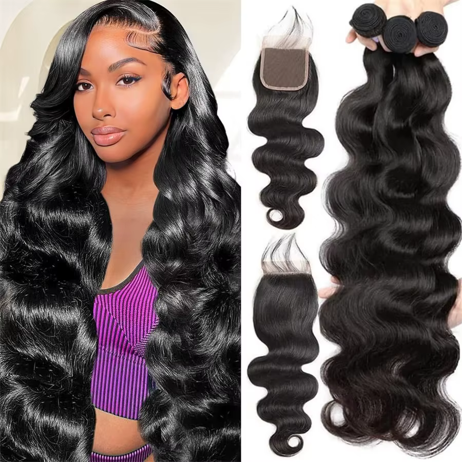 Extensions de cheveux naturels brésiliens ondulés avec closure, tissage de cheveux humains non trait