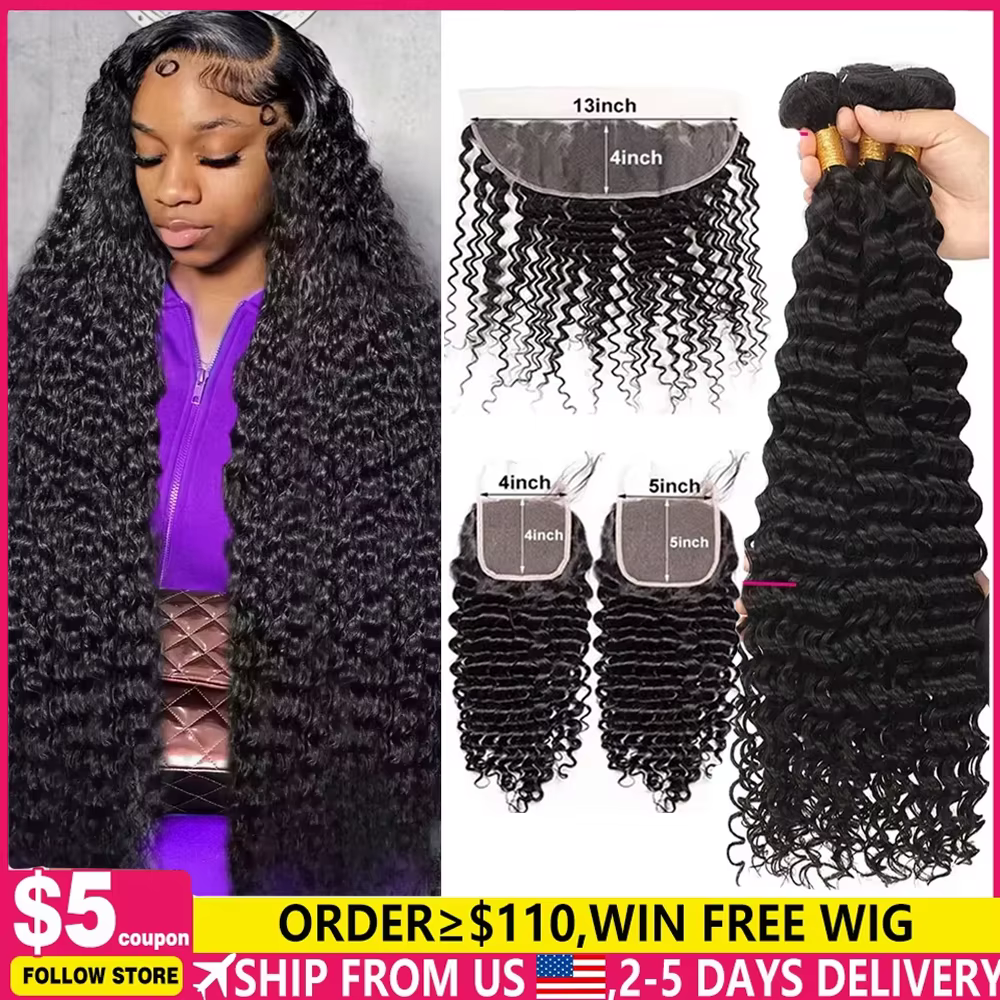 Extensions de cheveux humains avec fermeture, vague profonde birmane, cheveux vierges, 3 à 4 extensi