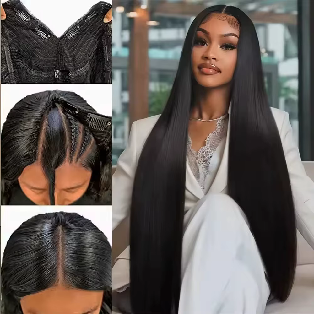 Perruque en cheveux humains lisses de 32 pouces de long, densité 220, perruque en V, perruques U-Par