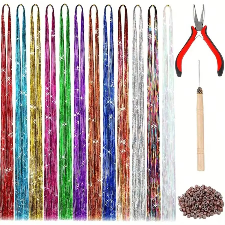 Kit de brins de guirlandes de cheveux brillants, 12 couleurs, 34 "/48", Extensions capillaires synth