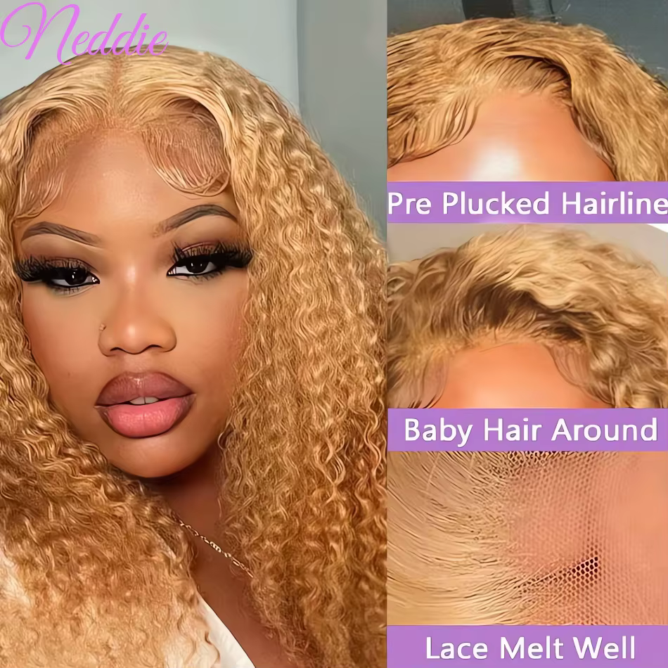 27 # Perruque Lace Frontal Wig naturelle bouclée, cheveux blond miel, 13x4, Deep Wave, 30 34 pouce
