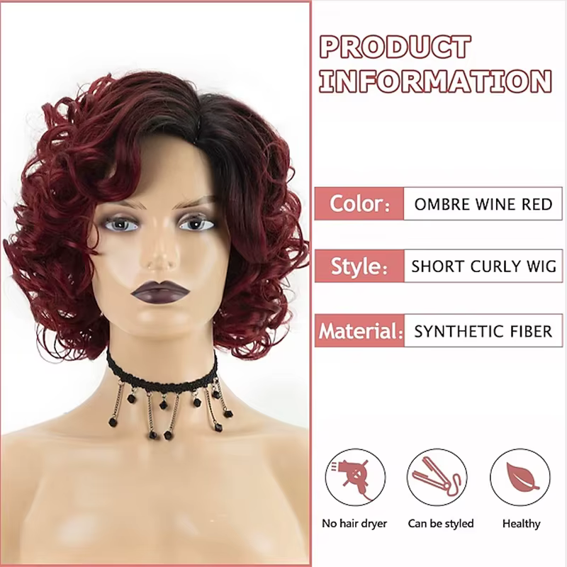 HAIRJOY cheveux synthétiques courts bordeaux bouclés perruques pour femmes Ombre vin rouge perruque