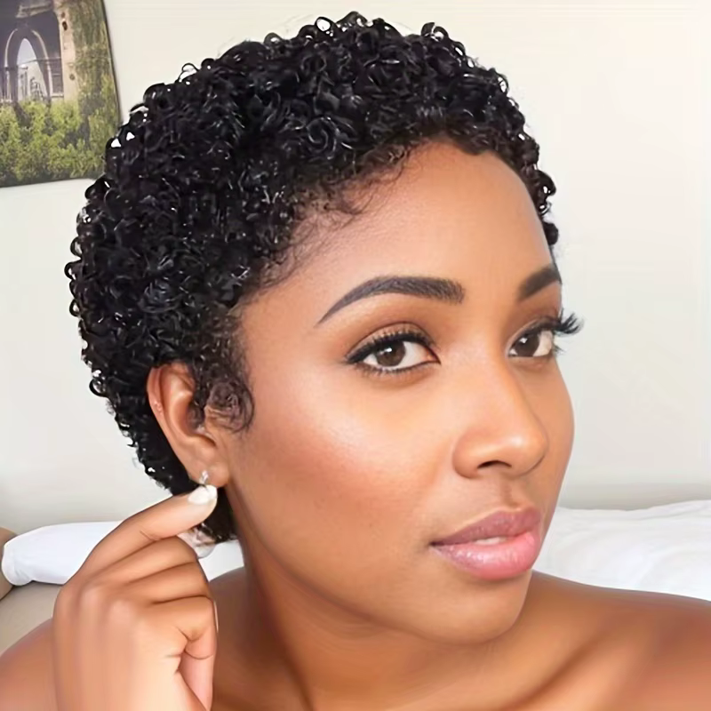 Perruque courte afro bouclée en cheveux humains, densité 150 %, fabriquée à la machine, coupe pixie,