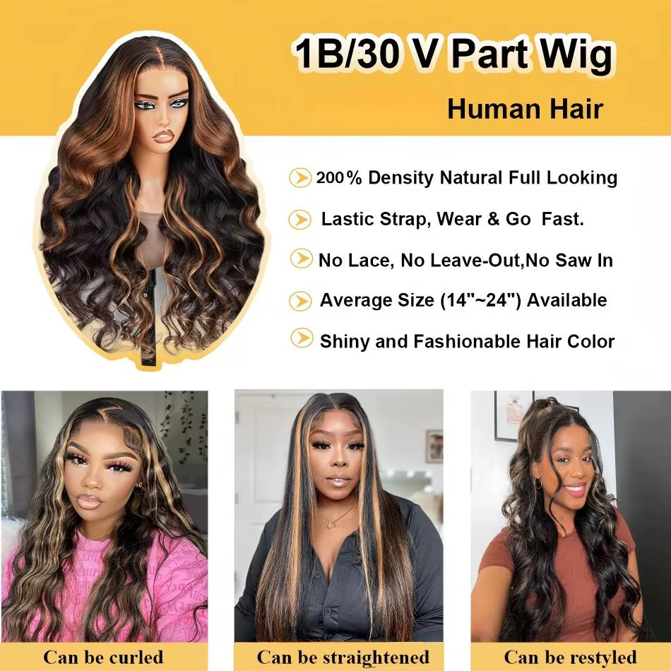 Perruque mi-tête en cheveux humains, densité 250, couleur P1B30, style Body Wave, avec clip en V amé