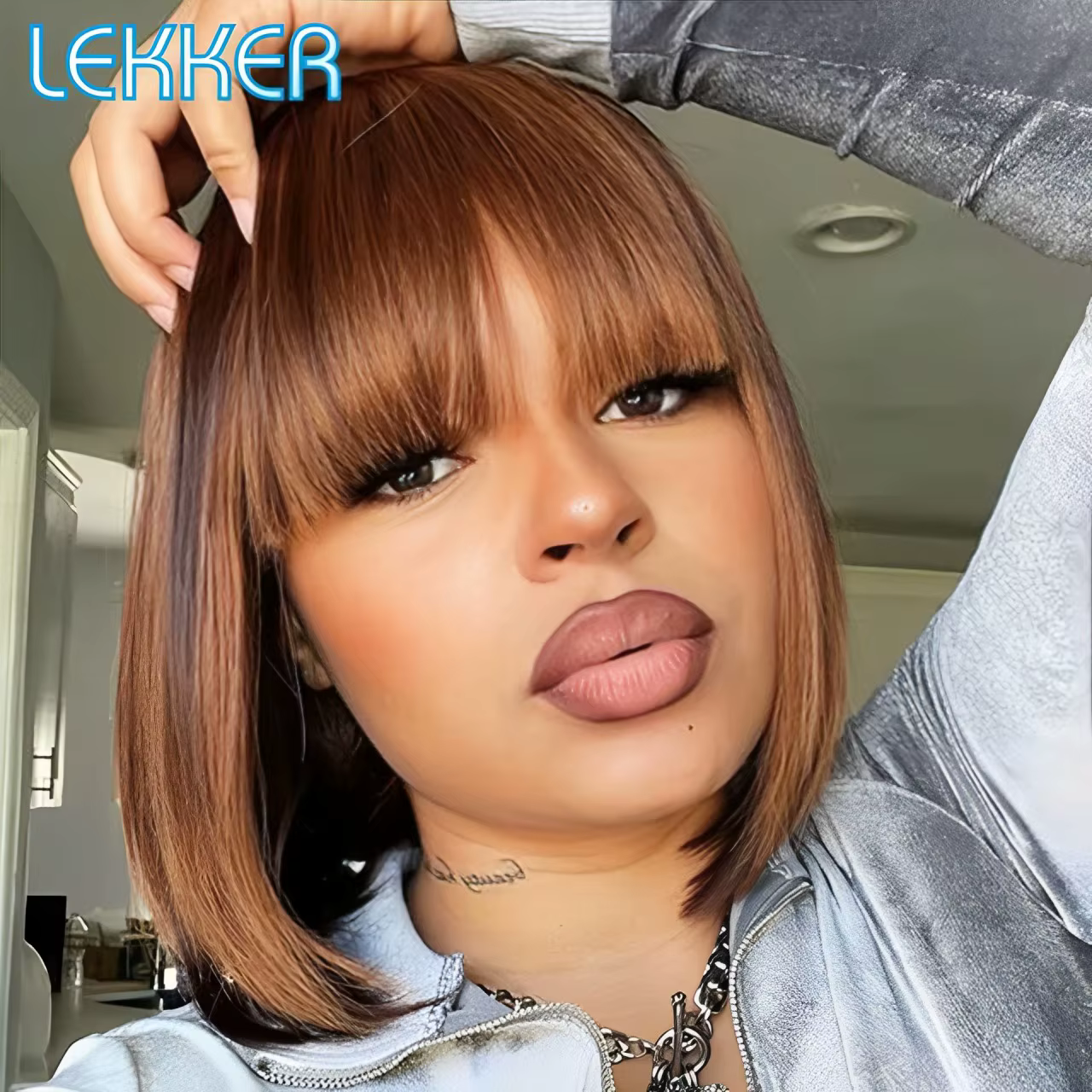 Lekker Ombre brun court droit Bob 100% perruque de cheveux humains avec frange pour les femmes brési
