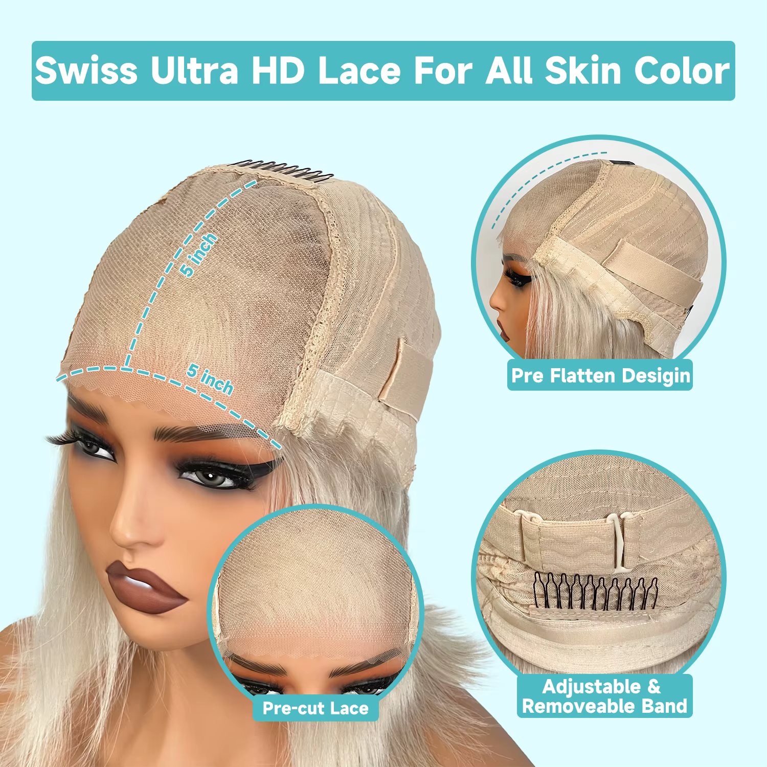 Perruques en cheveux humains blondes perlées superposées 220% pour femmes, perruque ondulée sans col