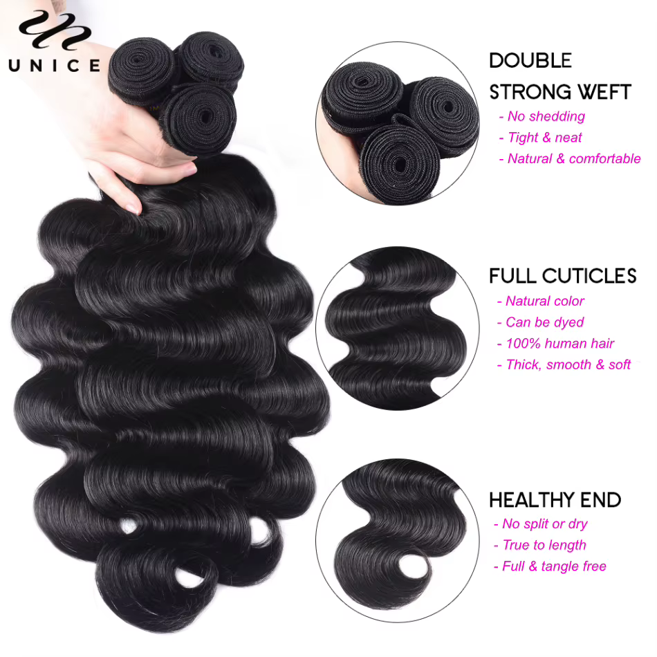 Mèches Body Wave 3/4 naturelles-UNice Hair, tissage rapide, extension de cheveux à coudre, Grade 8A,