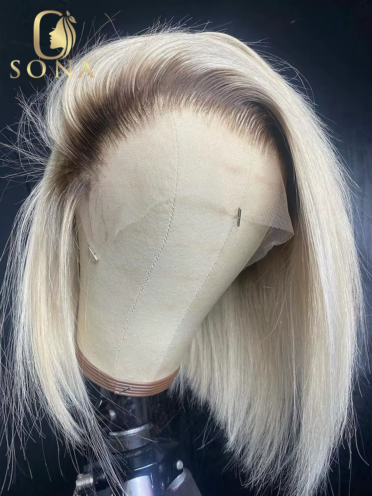 Perruque Bob Lace Front Wig naturelle brésilienne Remy, cheveux lisses, pre-plucked, racines foncées