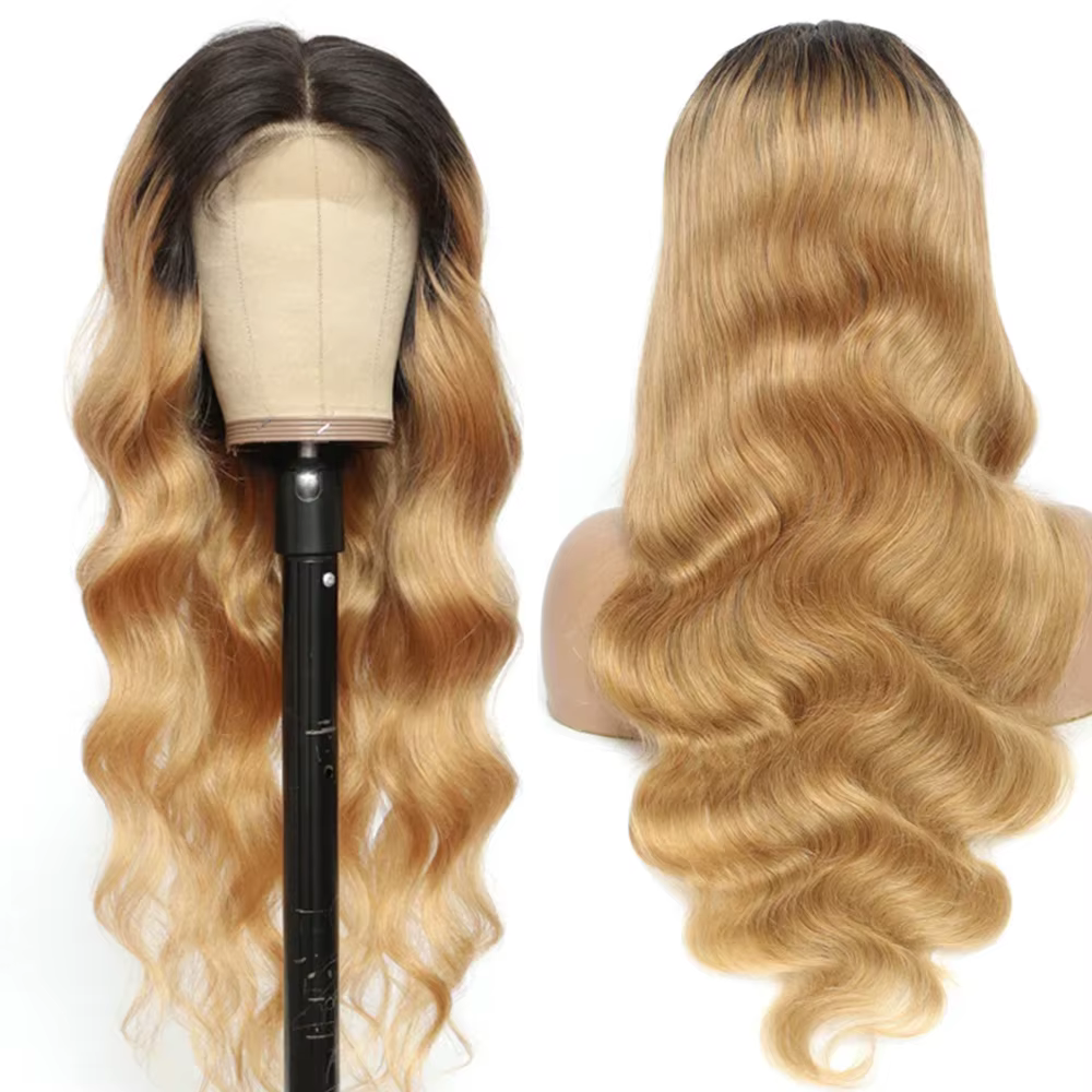 Perruque Lace Front Wig Body Wave naturelle, cheveux humains, blond miel, pre-plucked, 1B 27, ombré,