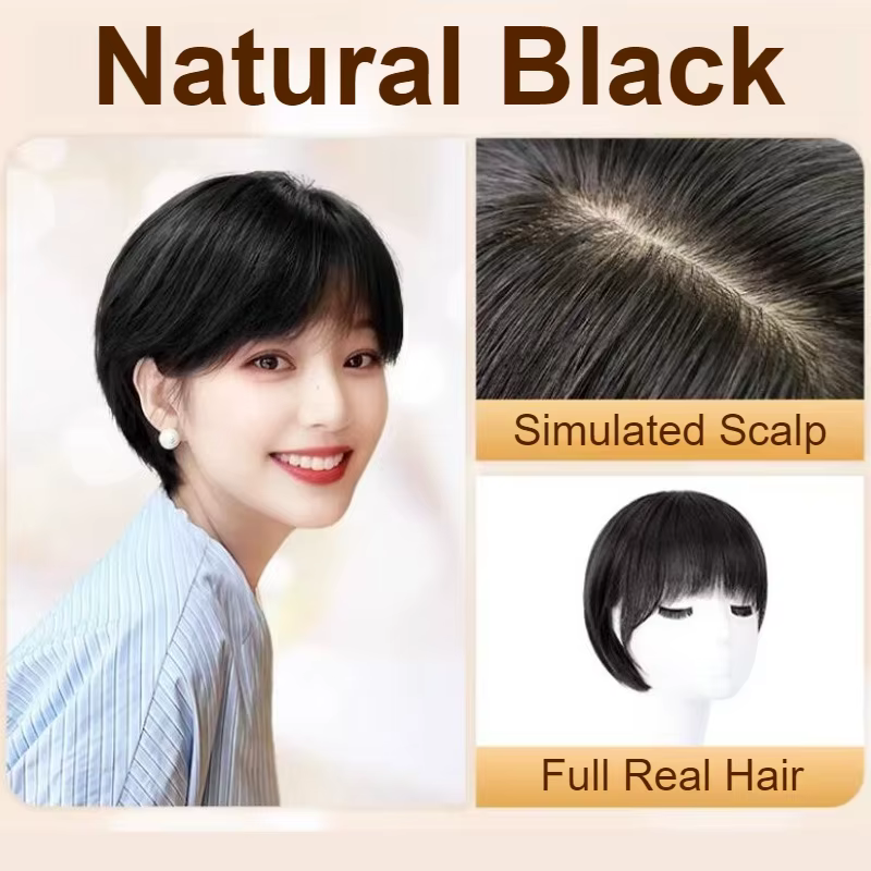 Perruque courte 100% cheveux humains avec frange, postiche noire d'aspect naturel pour femmes, perru
