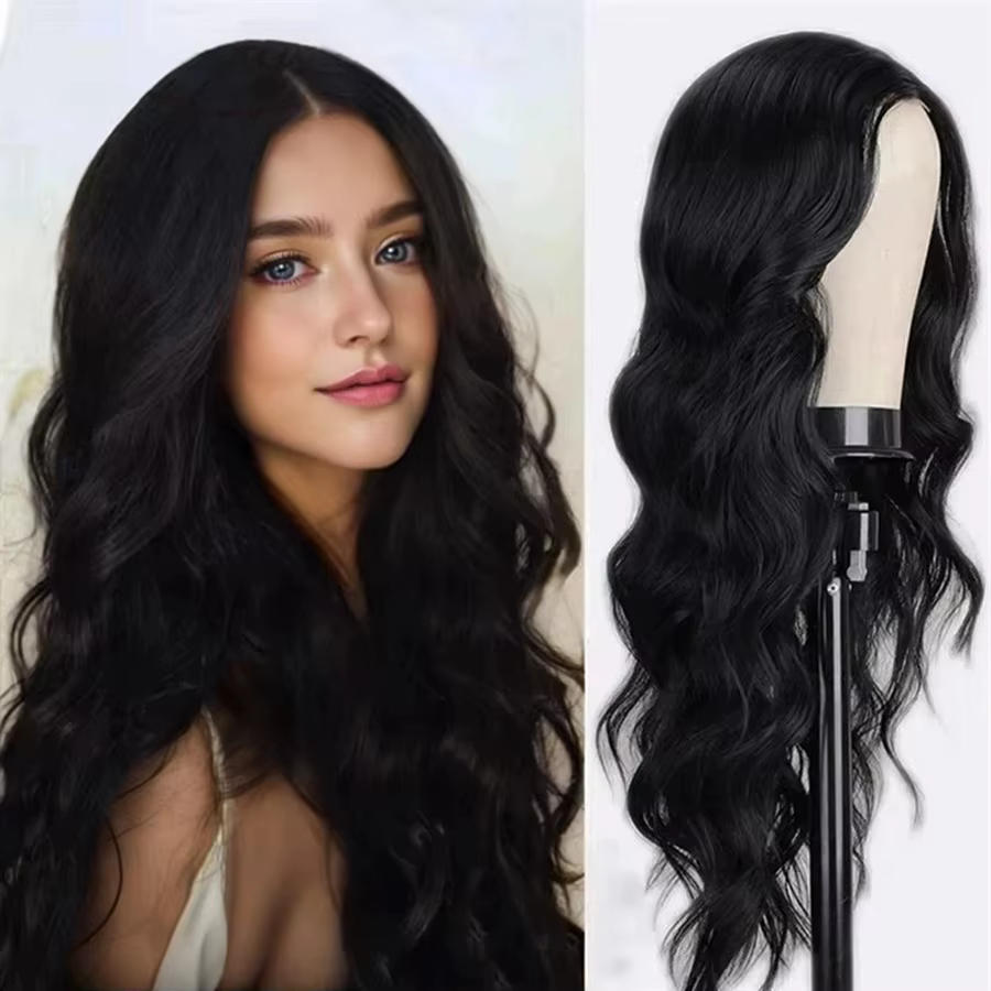Perruque synthétique noire tendance, grandes vagues, cheveux longs bouclés, cheveux longs et moelleu