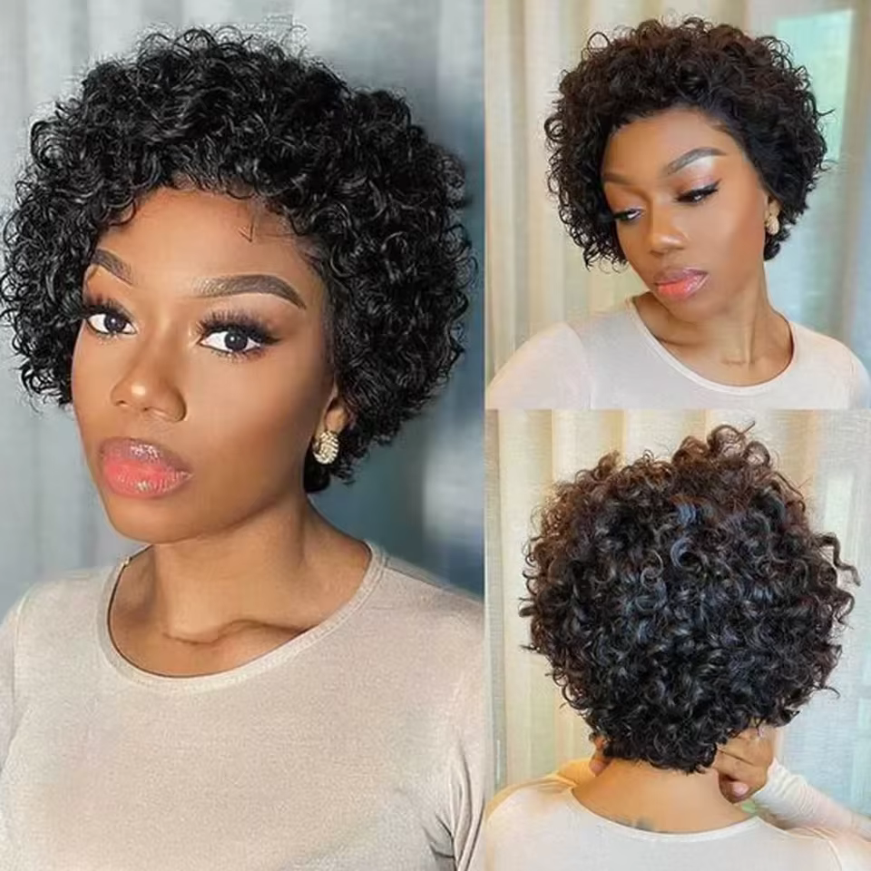 Perruques coupe lutin cheveux humains courts bouclés avant de lacet perruques de cheveux humains bré