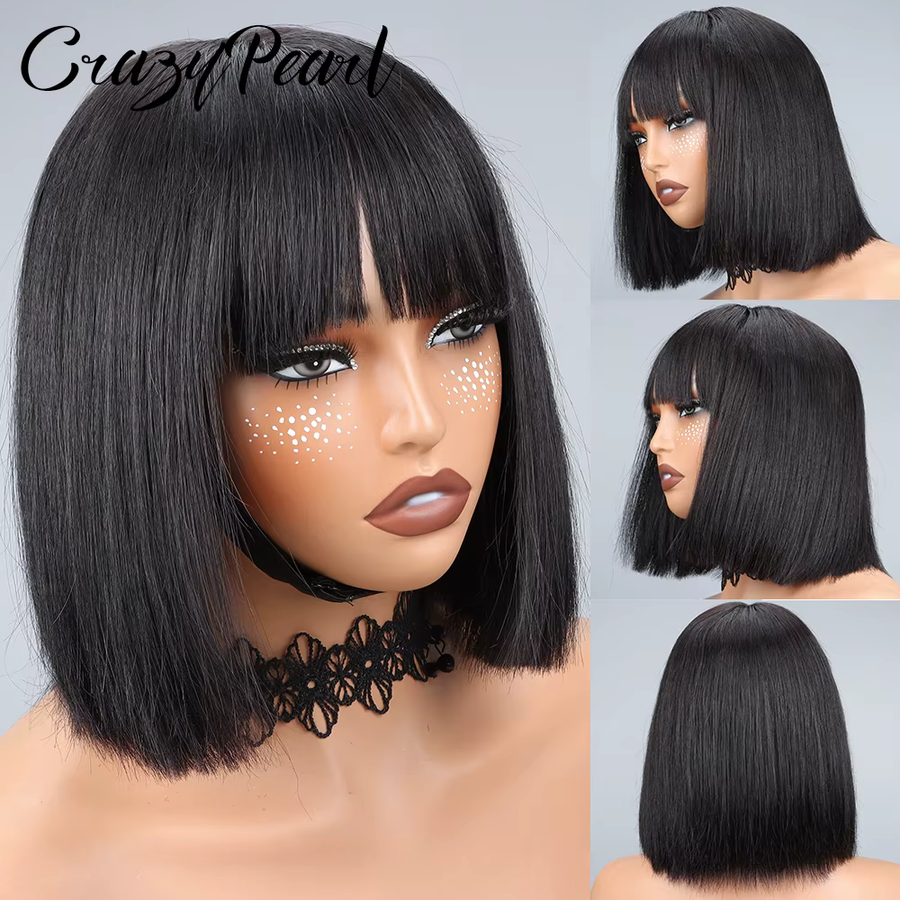 Perruque Lace Front CrazyPearl 1X13, perruque courte droite style bob, cheveux humains, pour femmes