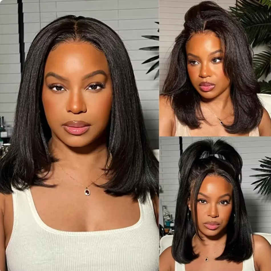 Perruque Bob Lace Front sans colle, cheveux humains brésiliens Remy, texture Kinky Straight, couleur
