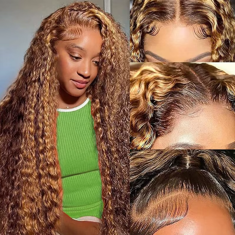 Perruque Lace Front Wig 4/27 naturelle bouclée, cheveux humains, blond miel 100%, 13x4, 13x6, 180% d