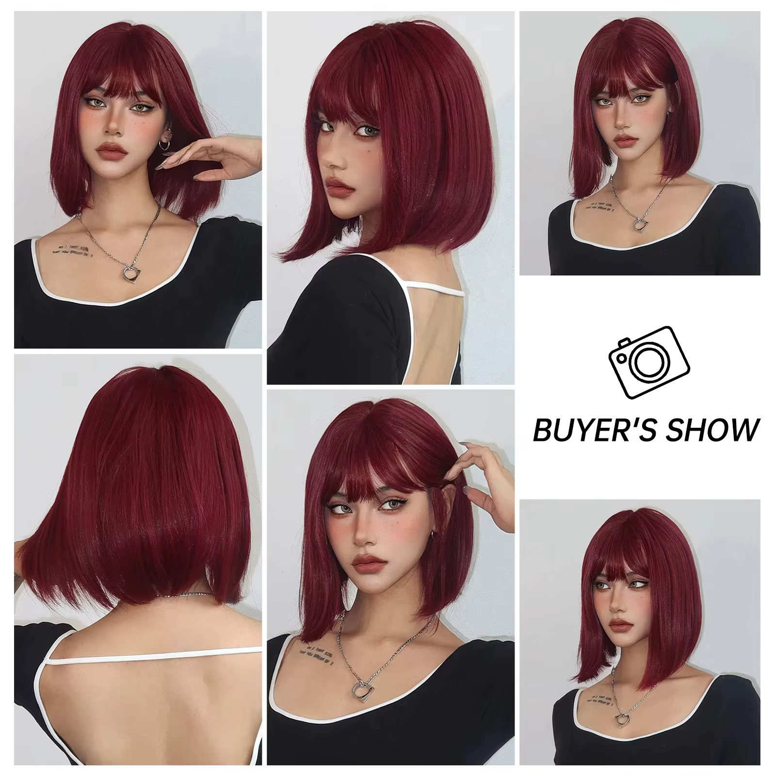 Perruque synthétique courte Bob bordeaux avec frange, faux cheveux rouge vin pour Cosplay, perruques