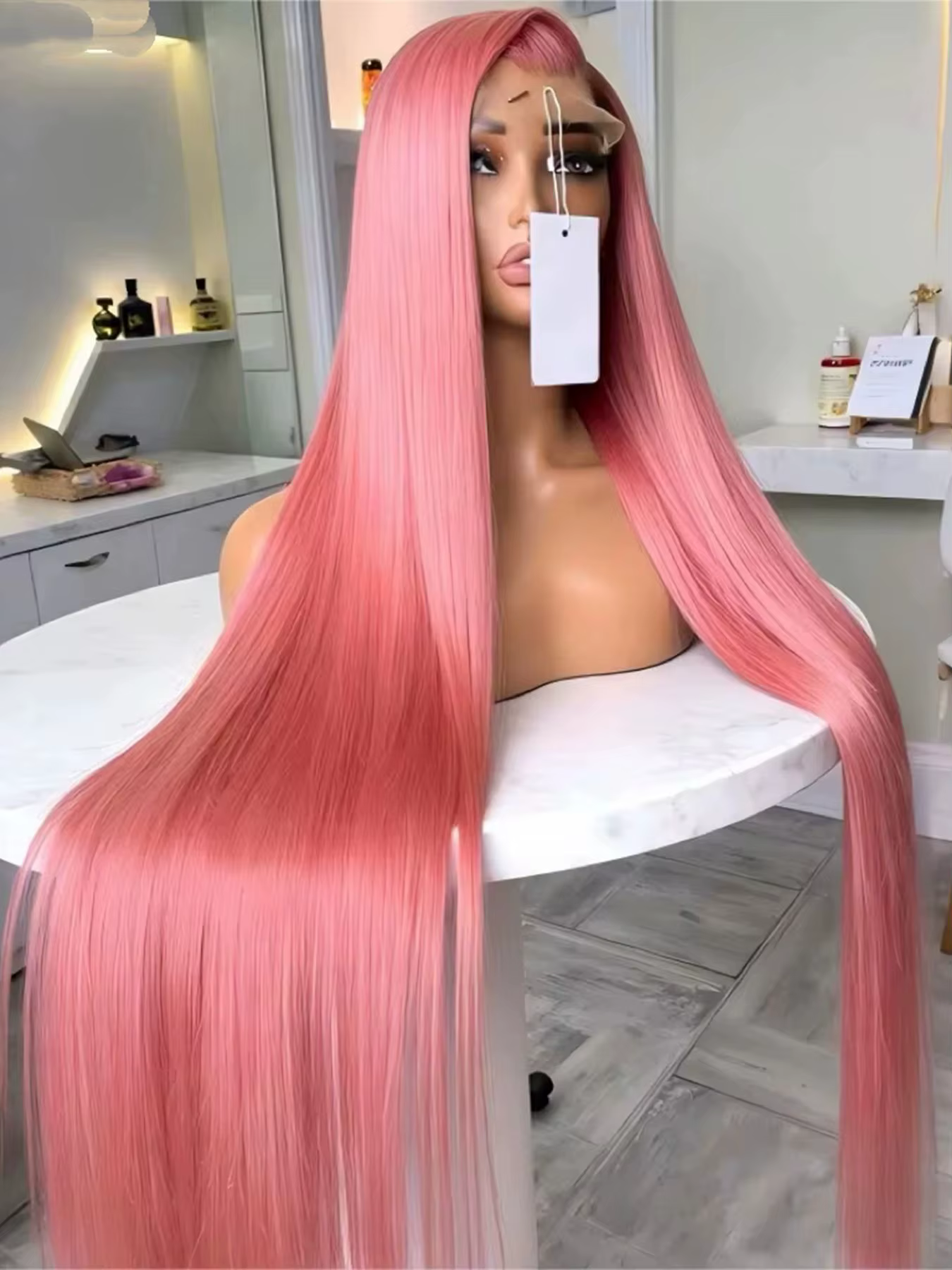 Perruque Lace Frontal Wig synthétique lisse et soyeuse de couleur rose, 13x4x1, sans colle, pre-pluc